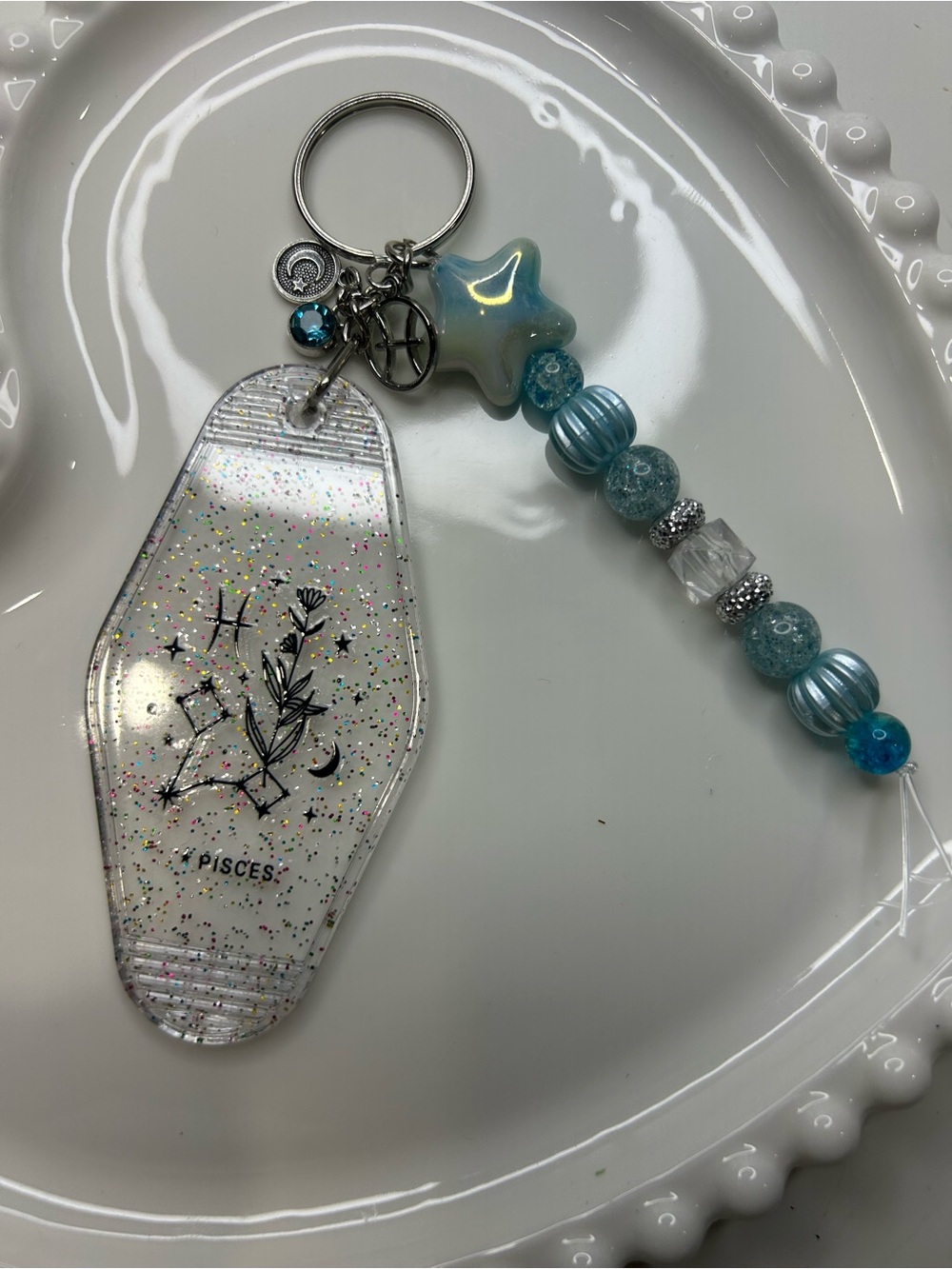 Pisces Glitter Keychain with Blue Beaded Charm
